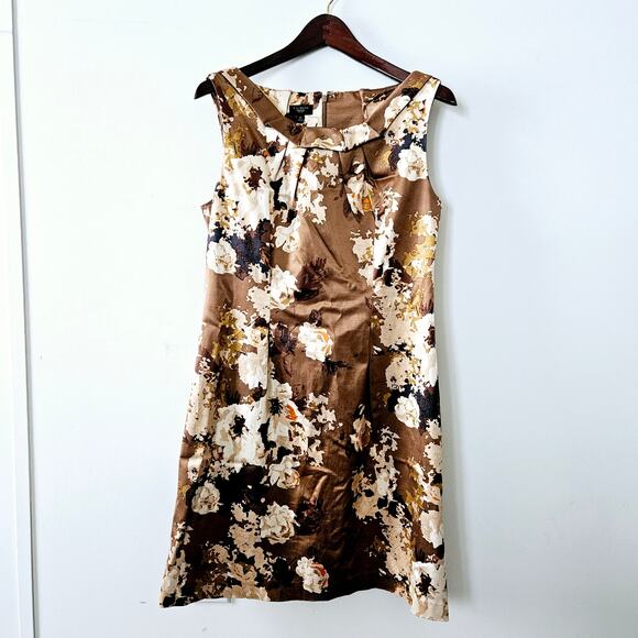 Size 10P Talbots Brown Floral Sleeveless Round Pleated Neck Tank Summer Fall - Picture 11 of 16